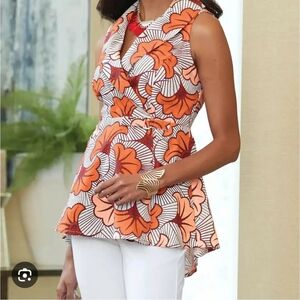 Midnight Velvet Orange and White Peplum Feminine  Blouse.